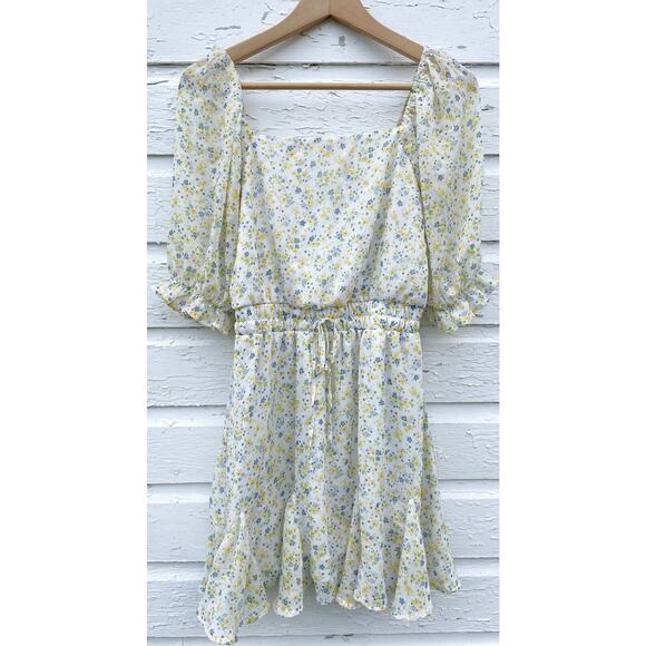 Mi Ami Dresses & Skirts - Mi Ami Dress Medium Yellow Chiffon Sheer Floral Ruffle Mini Cottage Bloused